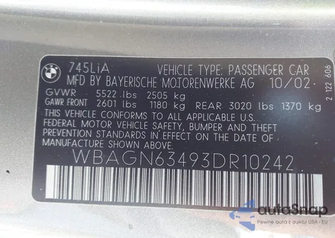 2003 BMW 745Li z USA, uszkodzony, nr VIN WBAGN63493DR10242